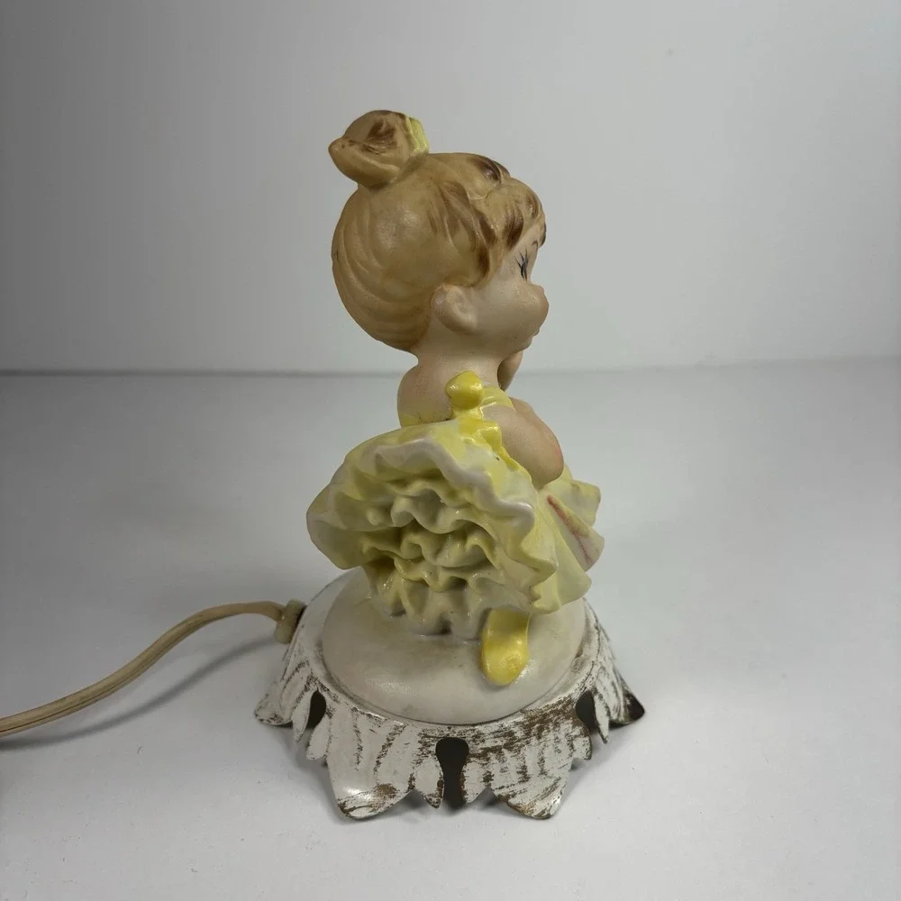 Vtg Rustic Cottage Porcelain Ballerina Night Light Yellow Dress Metal Stand Plug